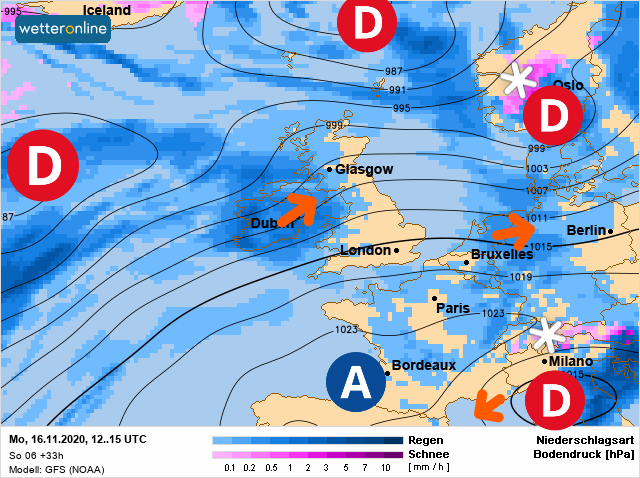 Carte météo Europe du 16/11/2020 à 1812