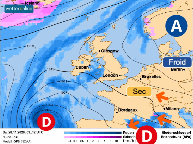 Carte météo Europe du 28/11/2020 à 1812