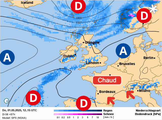 Carte de prévisions d'europe du Thursday, May 1, 2025