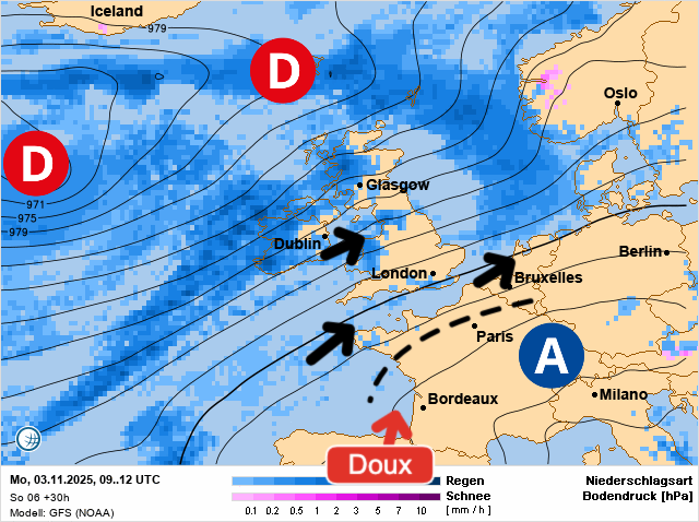Carte de prévisions d'europe du Monday, November 3, 2025