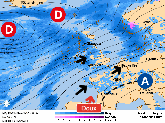 Carte de prévisions d'europe du Monday, November 3, 2025