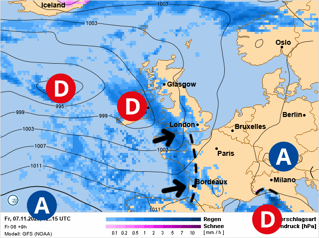Carte de prévisions d'europe du Friday, November 7, 2025