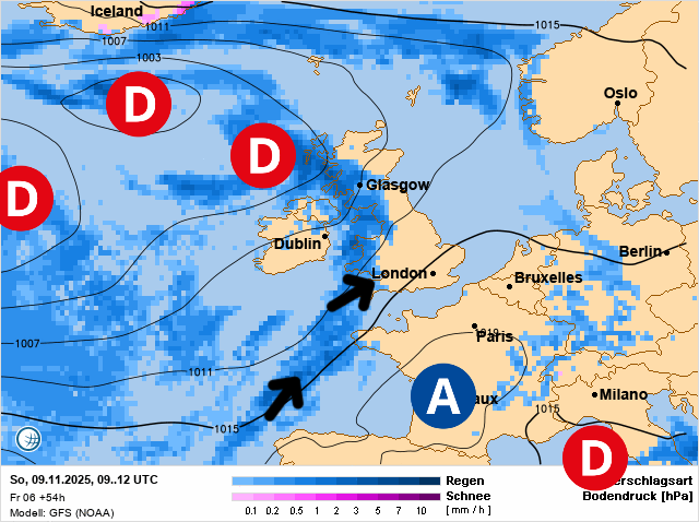 Carte de prévisions d'europe du Dimanche 9 novembre 2025