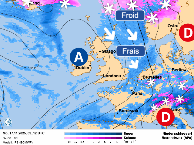 Carte de prévisions d'europe du Lundi 17 novembre 2025