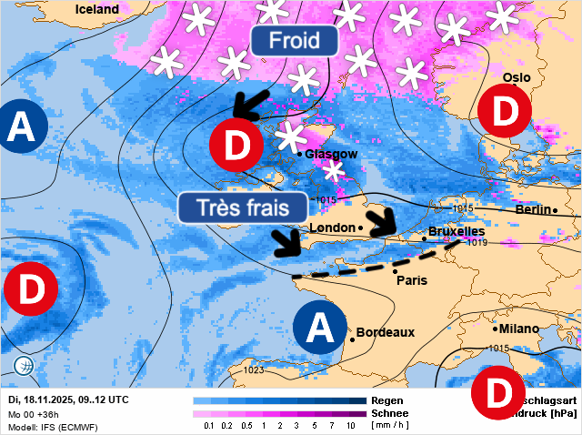 Carte de prévisions d'europe du Mardi 18 novembre 2025