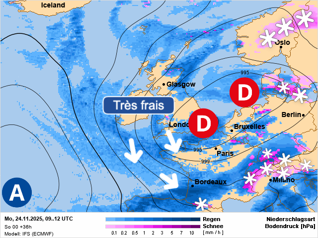 Carte de prévisions d'europe du Lundi 24 novembre 2025