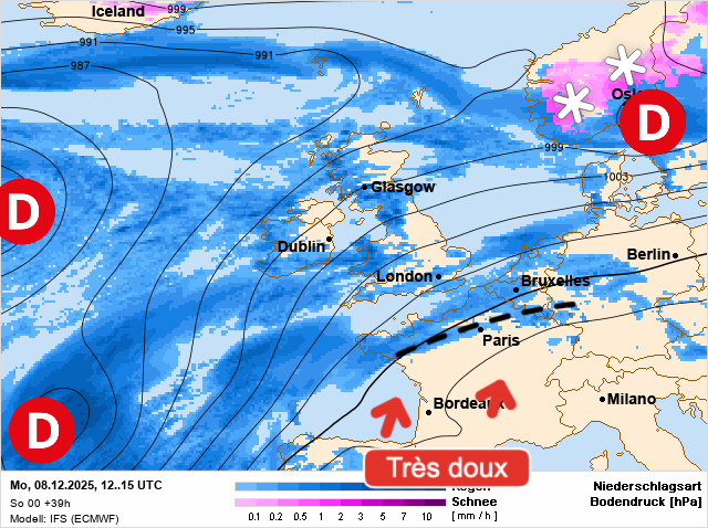 Carte de prévisions d'europe du Monday, December 8, 2025