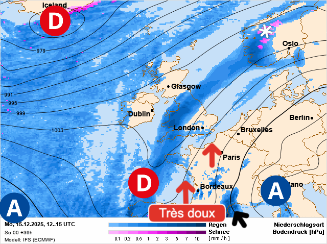Carte de prévisions d'europe du Monday, December 15, 2025