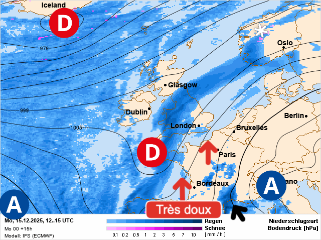 Carte de prévisions d'europe du Monday, December 15, 2025