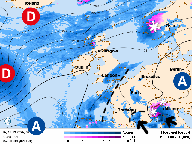 Carte de prévisions d'europe du Tuesday, December 16, 2025