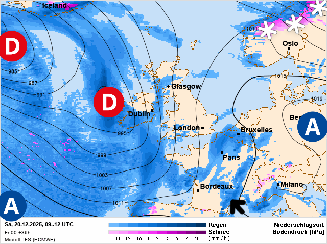 Carte de prévisions d'europe du Saturday, December 20, 2025