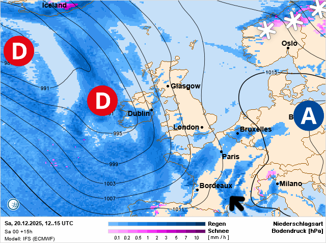 Carte de prévisions d'europe du Saturday, December 20, 2025