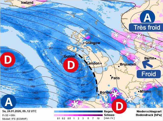 Carte de prévisions d'europe du Saturday, January 24, 2026
