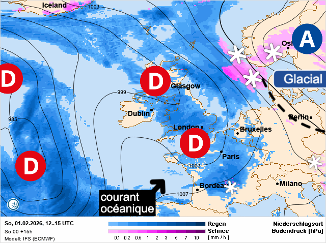 Carte de prévisions d'europe du Sunday, February 1, 2026