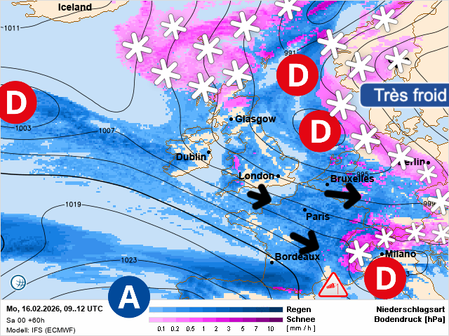 Carte de prévisions d'europe du Monday, February 16, 2026