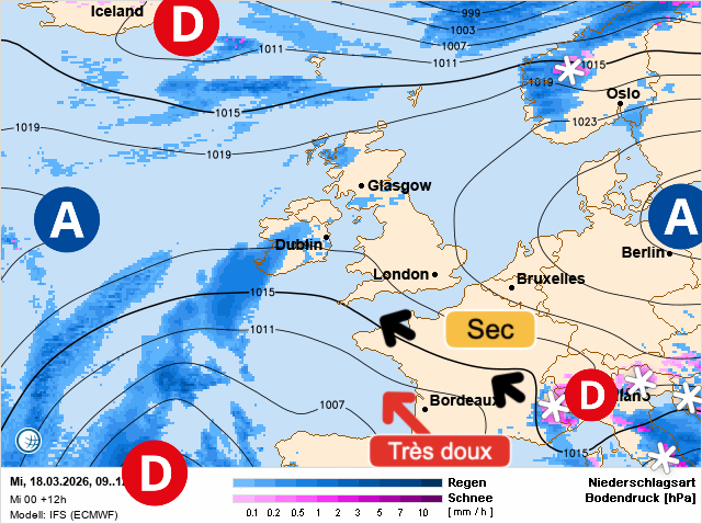 Carte de prévisions d'europe du Wednesday, March 18, 2026
