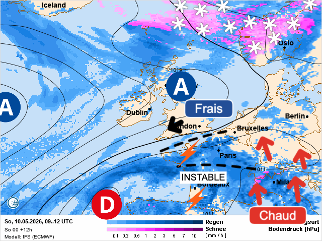 Carte de prévisions d'europe du Sunday, May 10, 2026