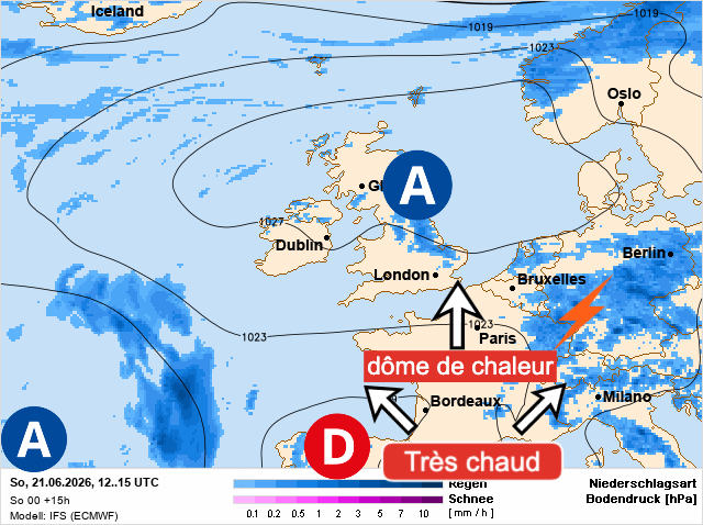 Carte de prévisions d'europe du Sunday, June 21, 2026