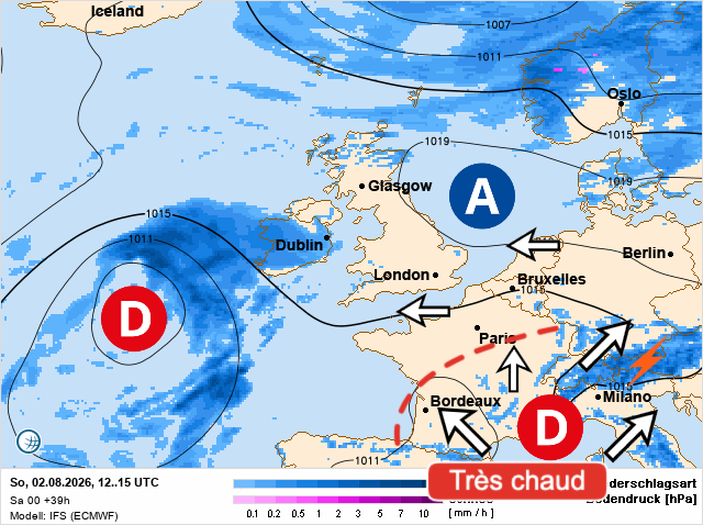Carte de prévisions d'europe du Sunday, August 2, 2026