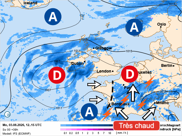 Carte de prévisions d'europe du Monday, August 3, 2026
