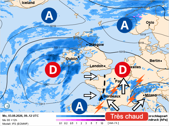 Carte de prévisions d'europe du Lundi 3 août 2026