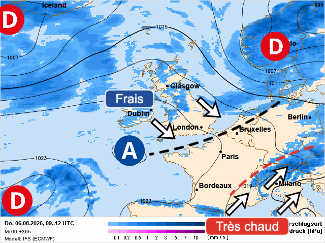 Carte de prévisions d'europe du Thursday, August 6, 2026