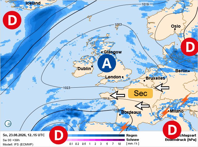 Carte de prévisions d'europe du Dimanche 23 août 2026