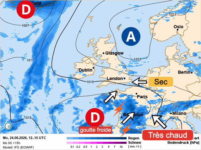 Carte de prévisions d'europe du Monday, August 24, 2026