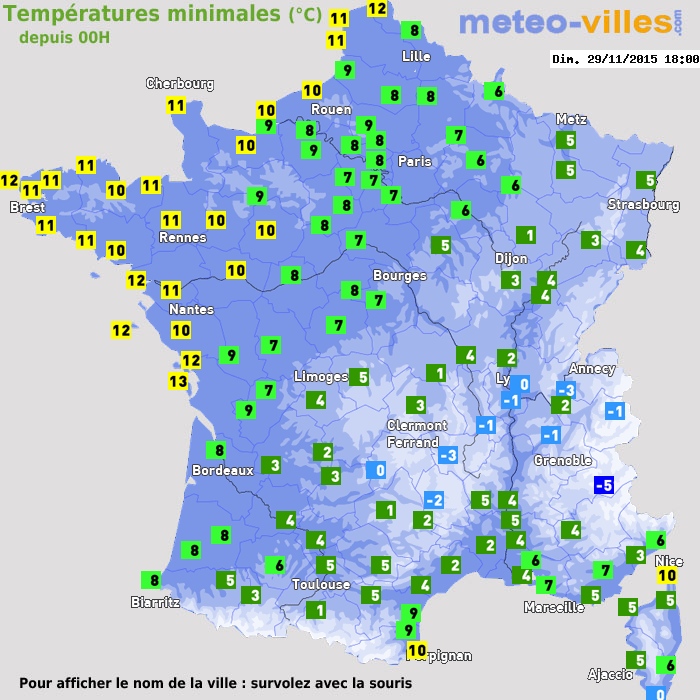Température minimum pour le 29/11/2015 à 1812