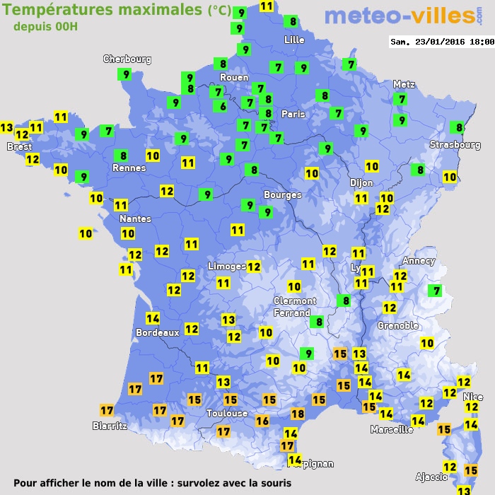 Température maximum pour le 23/01/2016 à 1812