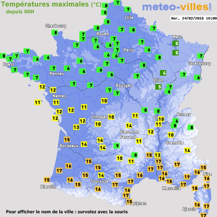 Température maximum pour le 24/02/2016 à 1812
