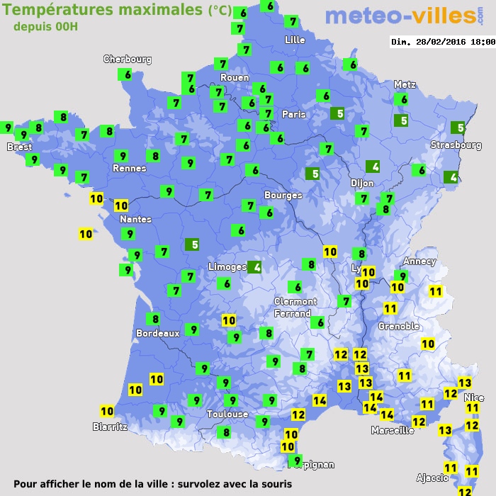 Température maximum pour le 28/02/2016 à 1812
