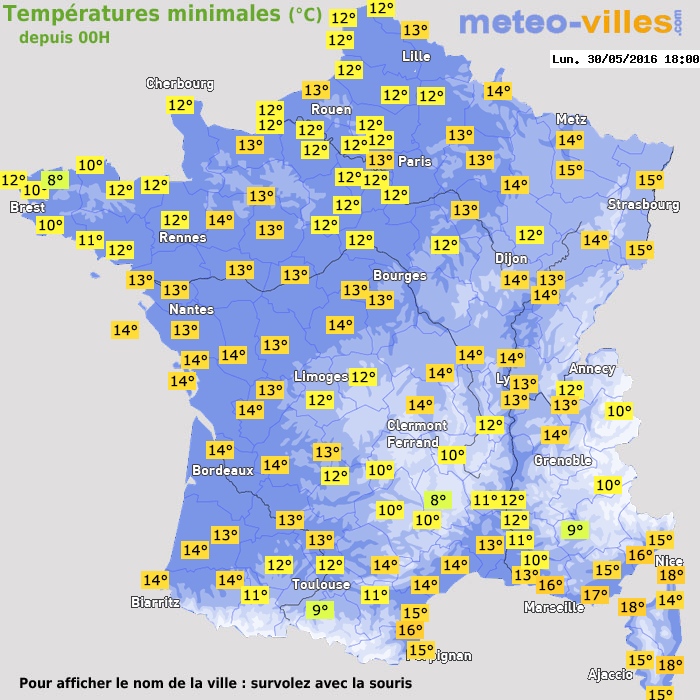 Température minimum pour le 30/05/2016 à 1812