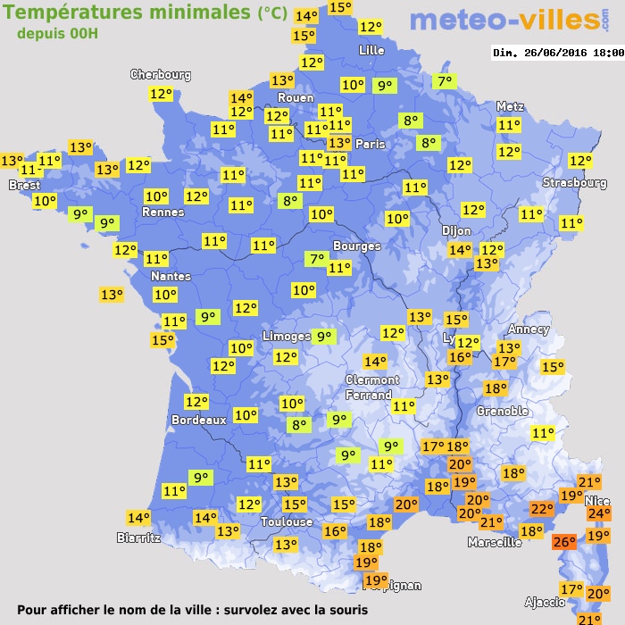 Température minimum pour le 26/06/2016 à 1812