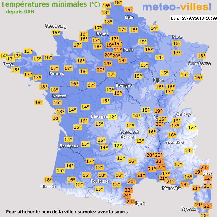 Température minimum pour le 25/07/2016 à 1812