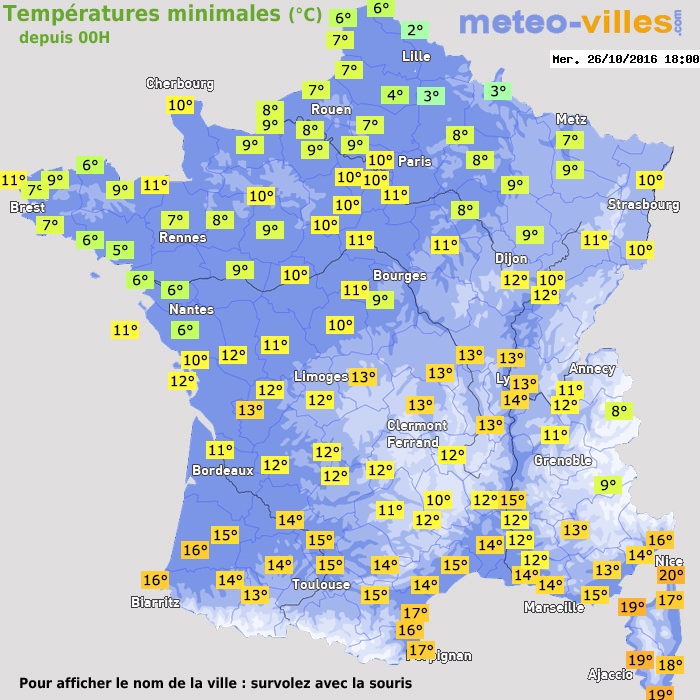 Température minimum pour le 26/10/2016 à 1812