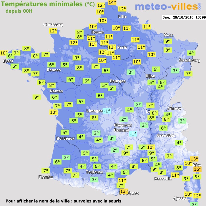 Température minimum pour le 29/10/2016 à 1812