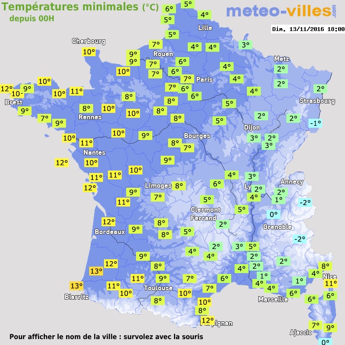 Température minimum pour le 13/11/2016 à 1812
