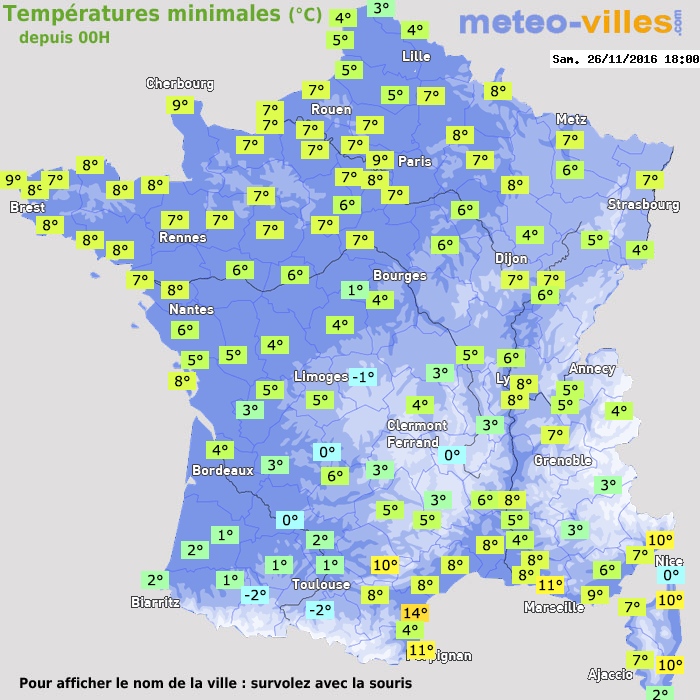 Température minimum pour le 26/11/2016 à 1812