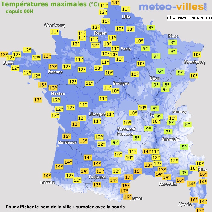 Température maximum pour le 25/12/2016 à 1812