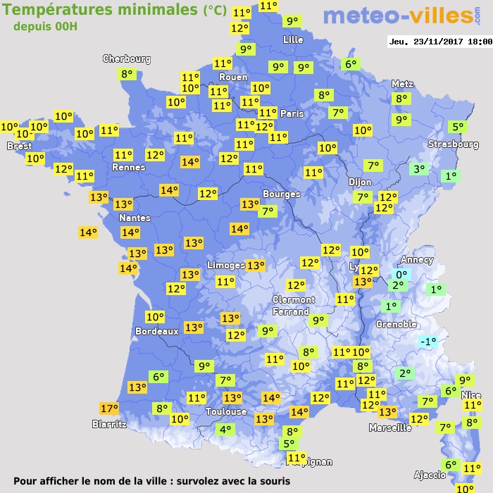 Température minimum pour le 23/11/2017 à 1812