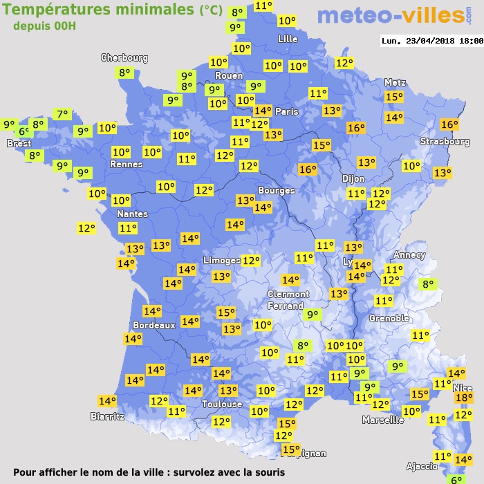 Température minimum pour le 23/04/2018 à 1812