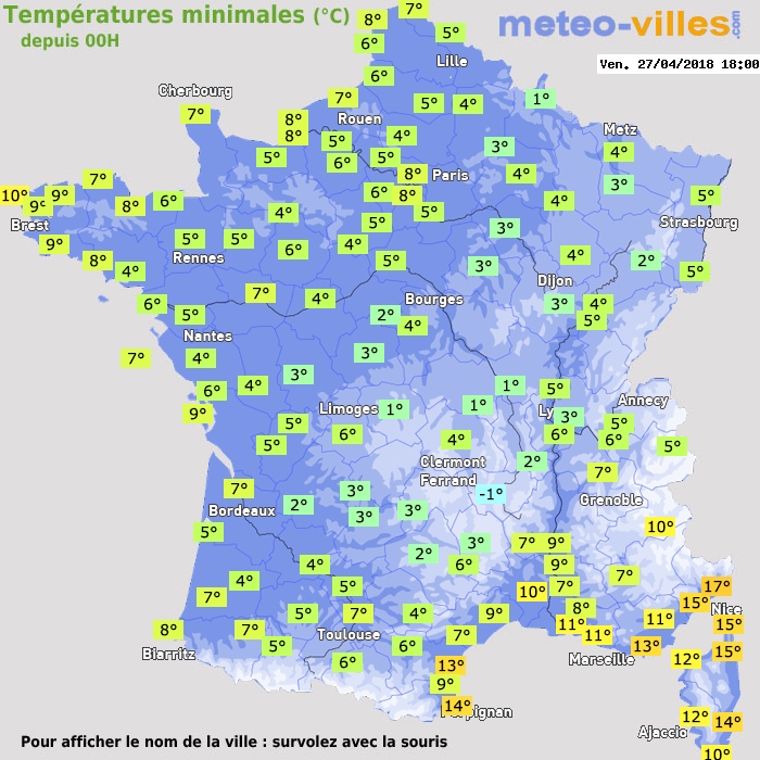 Température minimum pour le 27/04/2018 à 1812