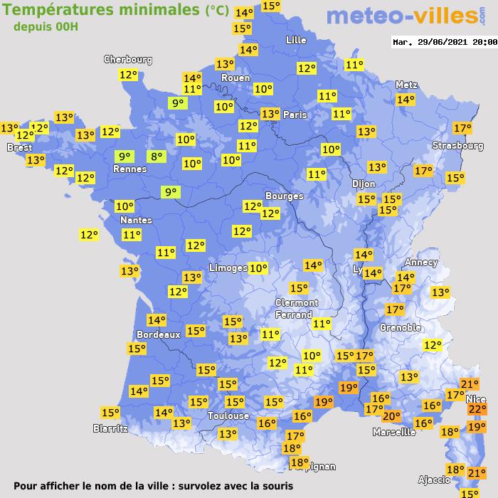 Température minimum pour le 29/06/2021 à 1812