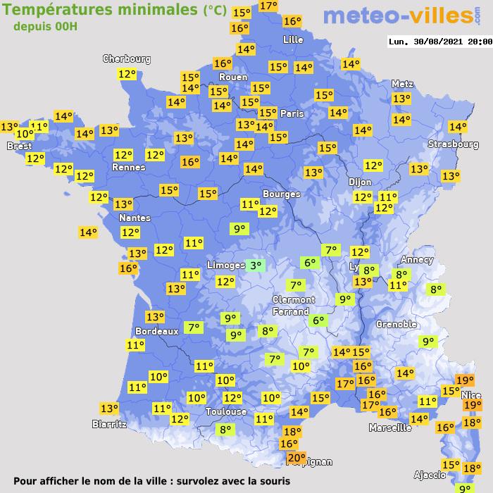 Température minimum pour le 30/08/2021 à 1812