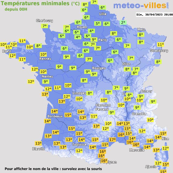 Température minimum pour le 30/04/2023 à 1812